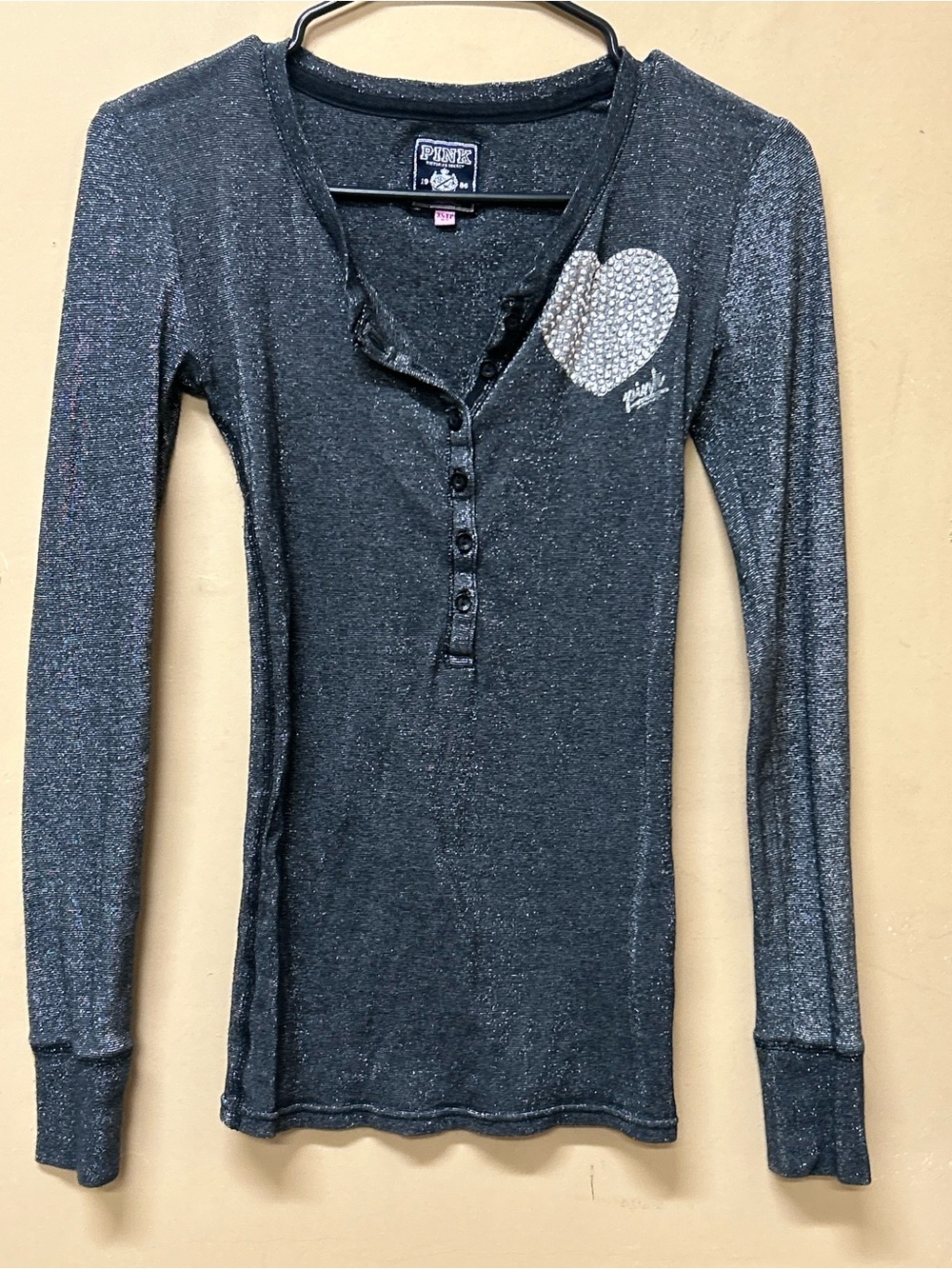 VTG Y2K Victoria's Secret PINK Shimmer Henley XS Gray Rhinestone Bling Heart EUC